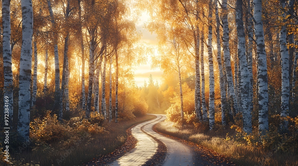 Obraz premium The road is lined with birch trees, the sunset's glow illuminates the autumn leaves on the ground