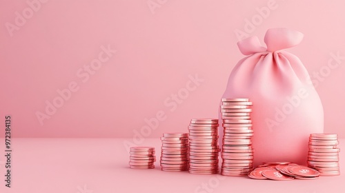 78. 3D illustration of money bags and stacks of coins set against a pink background, highlighting concepts of saving, investment, and financial success. The image is ideal for finance-related topics photo