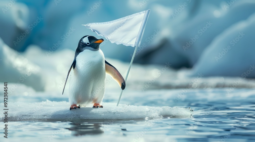 Fototapeta premium Penguin Holding White Flag: A cute penguin standing on ice, holding a small white flag. 