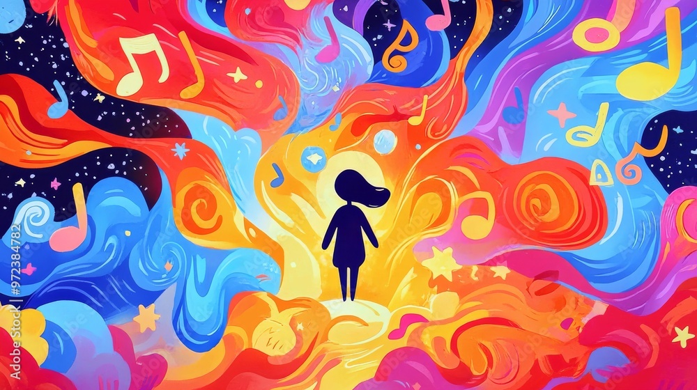 Cartoon Character Exploring Dreamlike World with Musical Notes and Stars Cartoon Character Exploring Dreamlike World with Musical Notes and Stars