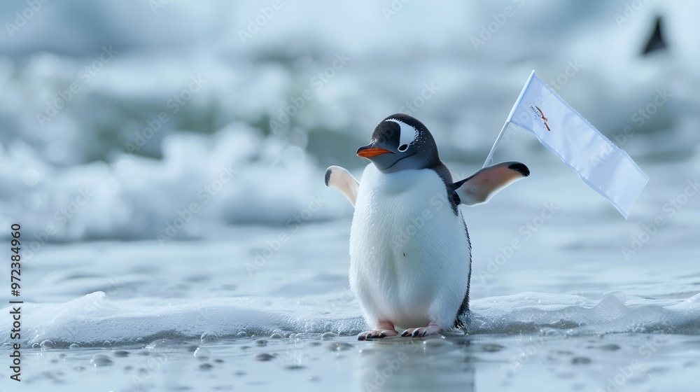Obraz premium Penguin Holding White Flag: A cute penguin standing on ice, holding a small white flag. 