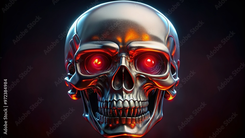 A intricately designed, chrome-plated metallic skull with glowing red eyes and sharp teeth, set against a dark, A intricately designed, chrome-plated metallic skull with glowing red eyes and sharp teeth, set against a dark,