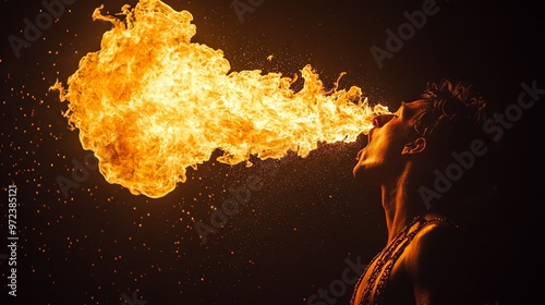 A fire breather performs a daring act, spewing flames from his mouth.