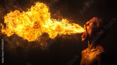 A man breathes fire, his face contorted in concentration as a stream of flames erupts from his mouth. photo