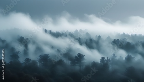 The misty forest and the blurred outlines of trees create a mysterious atmosphere. The hazy sky blends with the thick fog.