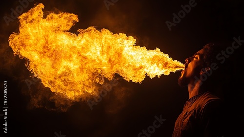 A man breathes fire, creating a spectacular display of flames against a dark background. photo