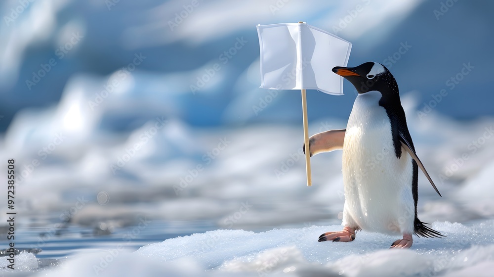 Fototapeta premium Penguin Holding White Flag: A cute penguin standing on ice, holding a small white flag. 