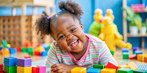 A joyful African American girl with Down syndrome smiles brightly, her bright brown eyes shining with happiness, photo