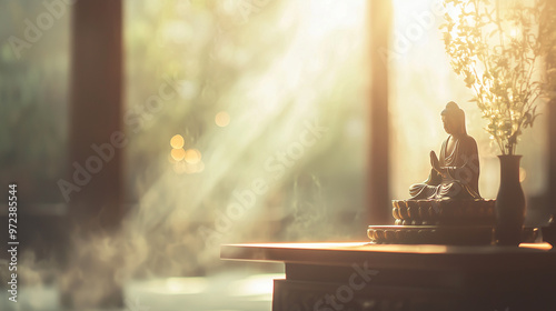 tranquil scene with a figure quietly engaged in worship, subtly blurred, and the Guanyin Bodhisattva displayed on the altar. The contrast between the worshiping figure and the sacr photo