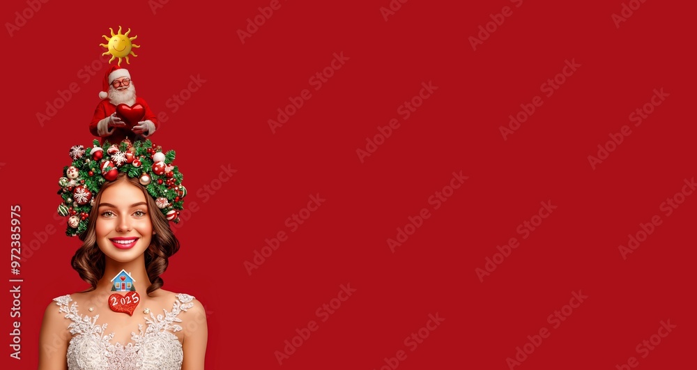 Christmas and New Year card concept. New Year is a beautiful happy girl with a hairstyle decorated with Christmas decorations. A wonderful Christmas New Year portrait of the new year. Christmas and New Year card concept. New Year is a beautiful happy girl with a hairstyle decorated with Christmas decorations. A wonderful Christmas New Year portrait of the new year.
