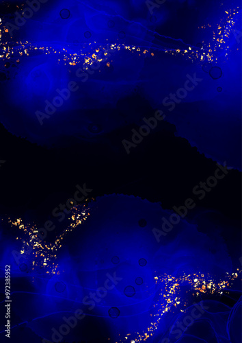 Dark blue hand painted alcohol ink background with gold glitter 