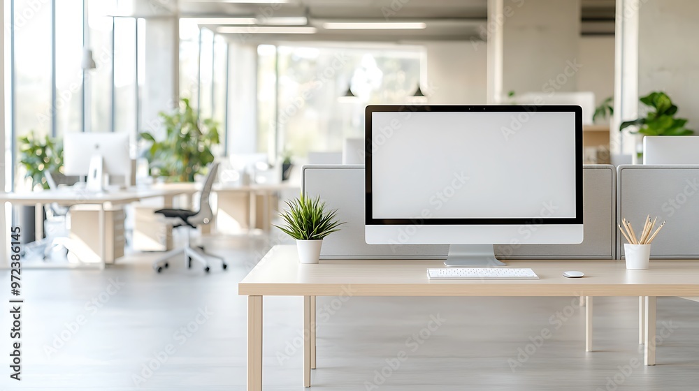 A professional office setting with large desks, computer monitors, and modern office furniture, set against a bright background. The image is in sharp focus with deep depth of field and space for A professional office setting with large desks, computer monitors, and modern office furniture, set against a bright background. The image is in sharp focus with deep depth of field and space for