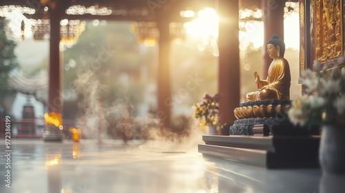 tranquil scene with a figure quietly engaged in worship, subtly blurred, and the Guanyin Bodhisattva displayed on the altar. The contrast between the worshiping figure and the sacr photo