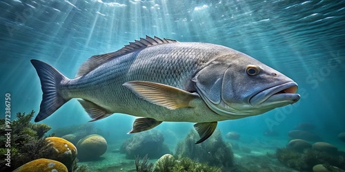 A large grey jewfish swims in the ocean, its massive body stretching up to 6 feet in length, photo