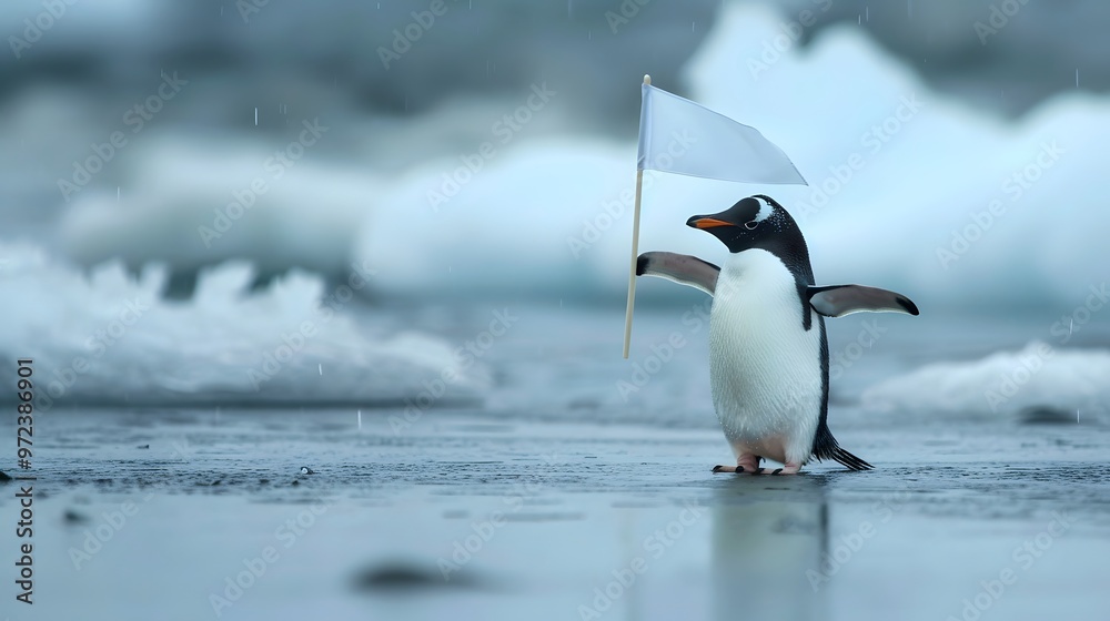 Naklejka premium Penguin Holding White Flag: A cute penguin standing on ice, holding a small white flag. 