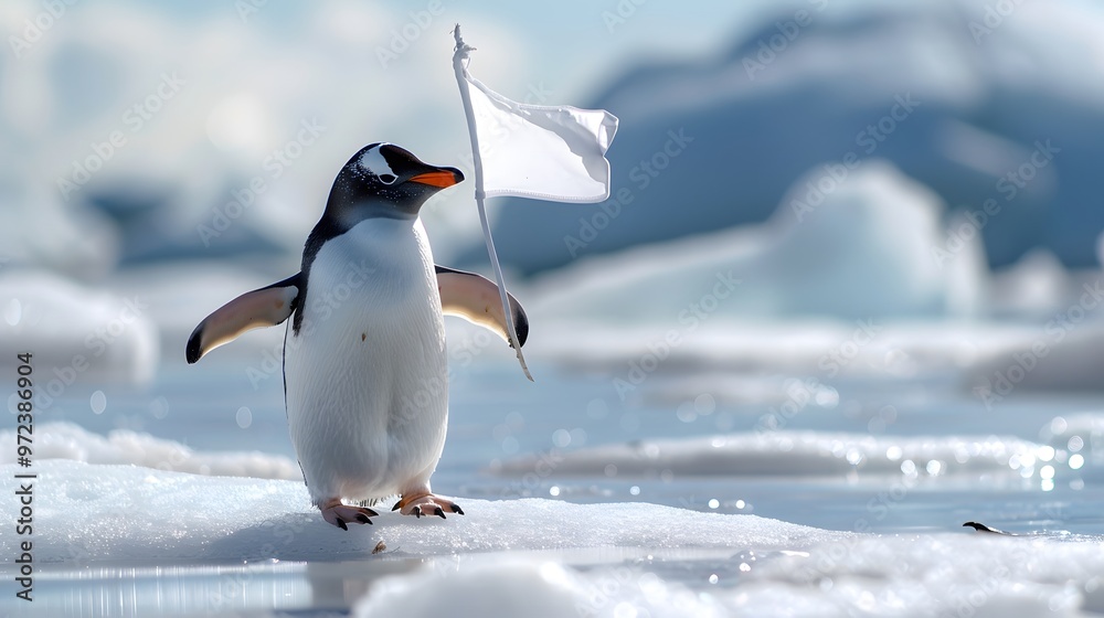 Fototapeta premium Penguin Holding White Flag: A cute penguin standing on ice, holding a small white flag.