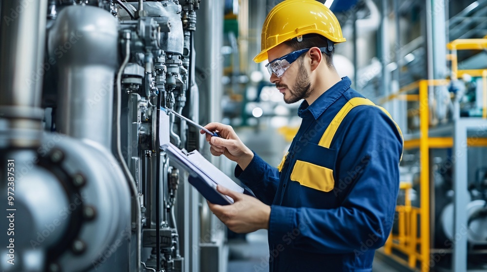 Worker inspecting industrial equipment with clipboard in a modern facility. Safety gear ensures compliance and safety standards. Worker inspecting industrial equipment with clipboard in a modern facility. Safety gear ensures compliance and safety standards.