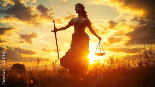 The Lady Justice statue stands in a field at sunset, symbolizing justice and fairness. photo