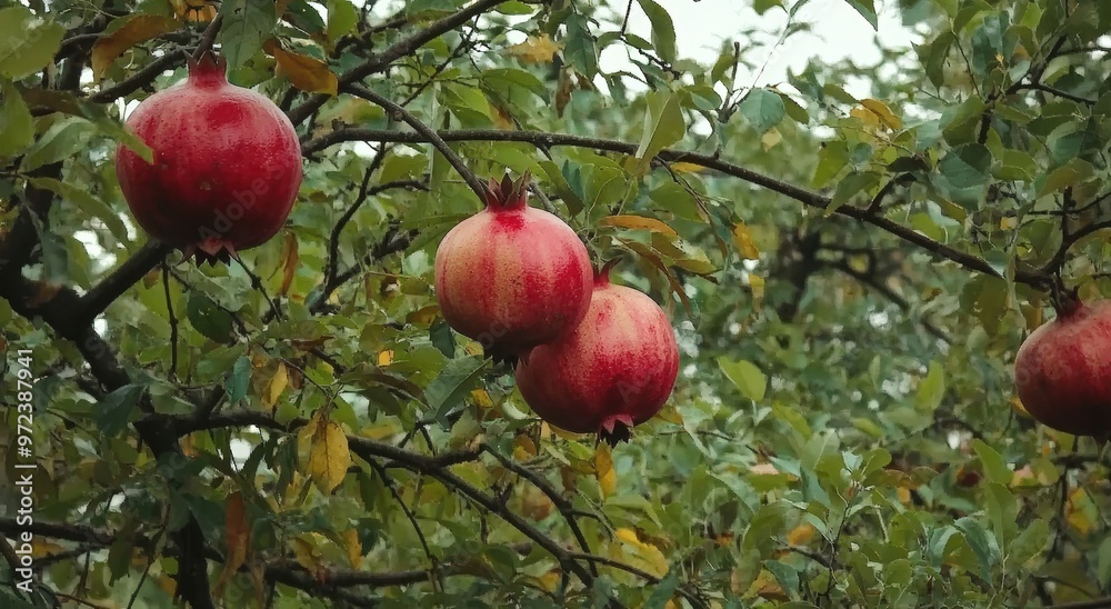 Ripe red pomegranates hanging on a tree branch amidst green foliage. Ripe red pomegranates hanging on a tree branch amidst green foliage.