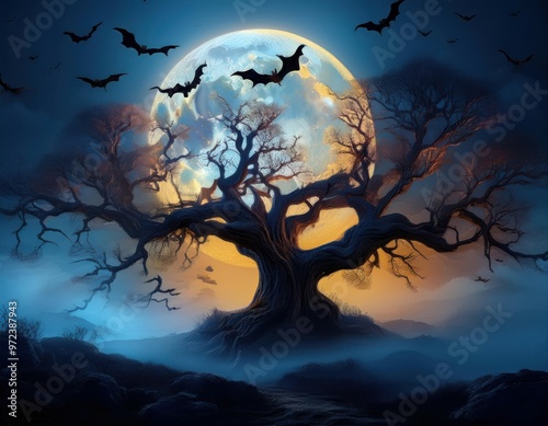 Bats Swarm Full Moon Over Ancient Tree