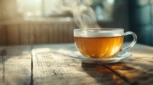 A close-up of a cup of herbal tea on a wooden table, with steam rising softly into the air photo