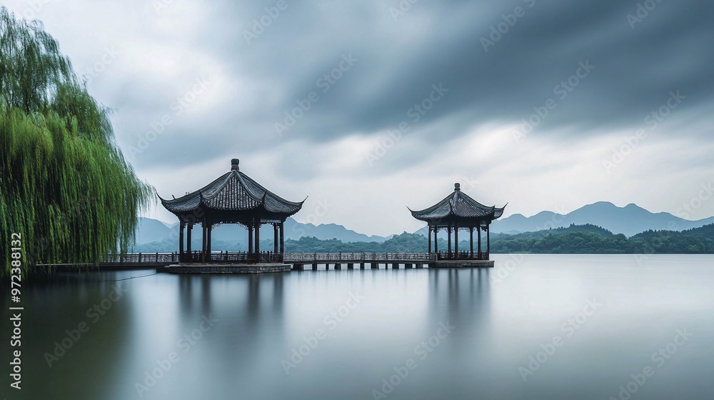 Serene lakeside view showcasing traditional pavilions surrounded by lush greenery and misty mountains under an overcast sky. Serene lakeside view showcasing traditional pavilions surrounded by lush greenery and misty mountains under an overcast sky.