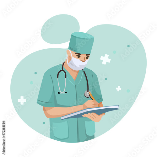 Doctor in scrubs and mask writing on a clipboard. Flat graphic style. Light green background with medical symbols. Concept of healthcare. Vector illustration
