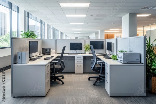 Modern Office Cubicle with Two Workstations and a Printer