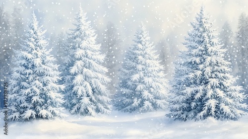 Snow falling on pine trees in a winter wonderland forest