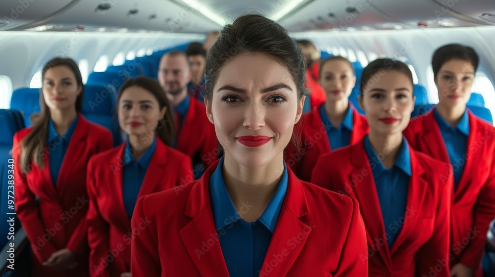 Fototapeta premium Dedicated Cabin Crew Team Supporting Passengers During Turbulent Flight