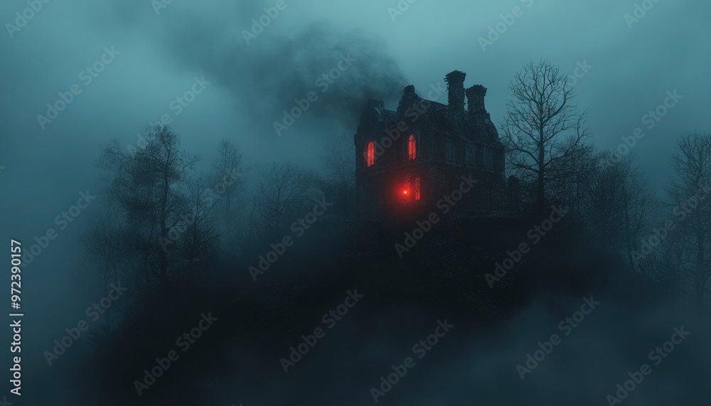Fototapeta premium A Foggy Night with a Mysterious Red-Lit Window in a Haunted-Looking Mansion