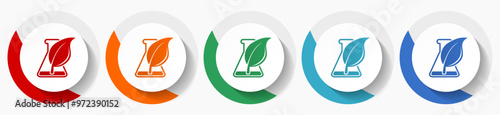 Laboratory flask with plant vector icon set, flat icons for logo design, webdesign and mobile applications, colorful round buttons