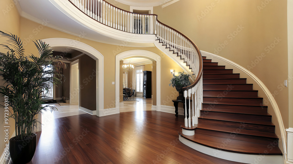 Obraz premium The luxurious home's foyer is dominated by an elegant wooden spiral staircase with a white railing