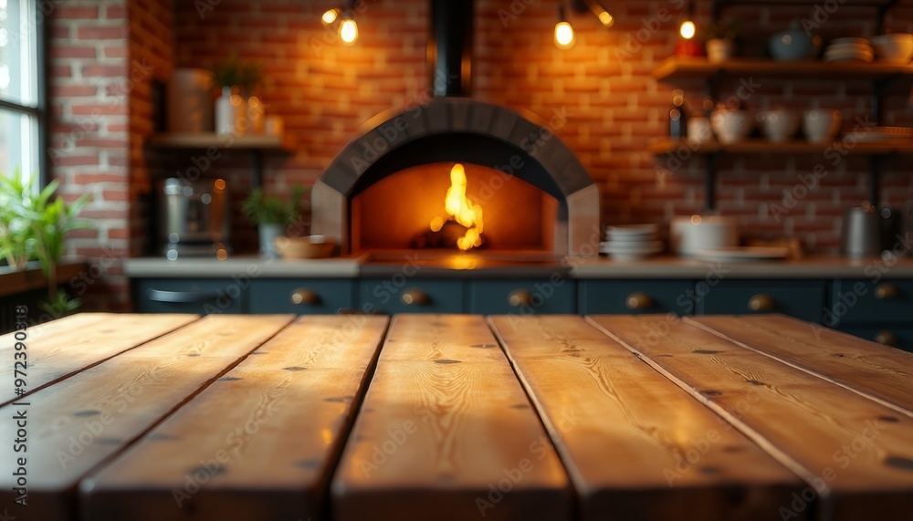 Rustic Kitchen Interior with Brick Wall and Wood-Fired Oven. Rustic Kitchen Interior with Brick Wall and Wood-Fired Oven.