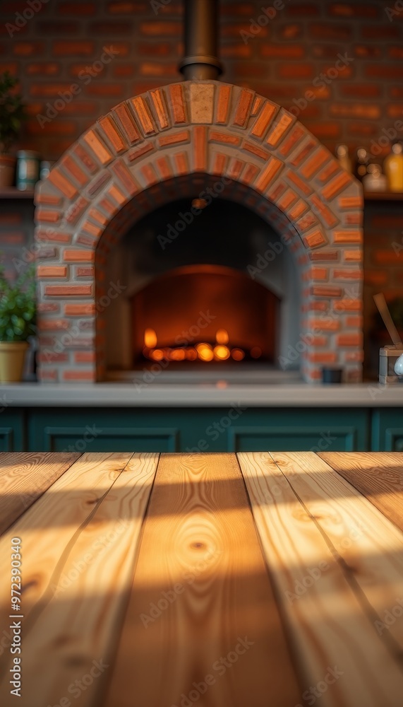 Rustic Kitchen Interior Featuring a Cozy Brick Oven and Wooden Table Rustic Kitchen Interior Featuring a Cozy Brick Oven and Wooden Table