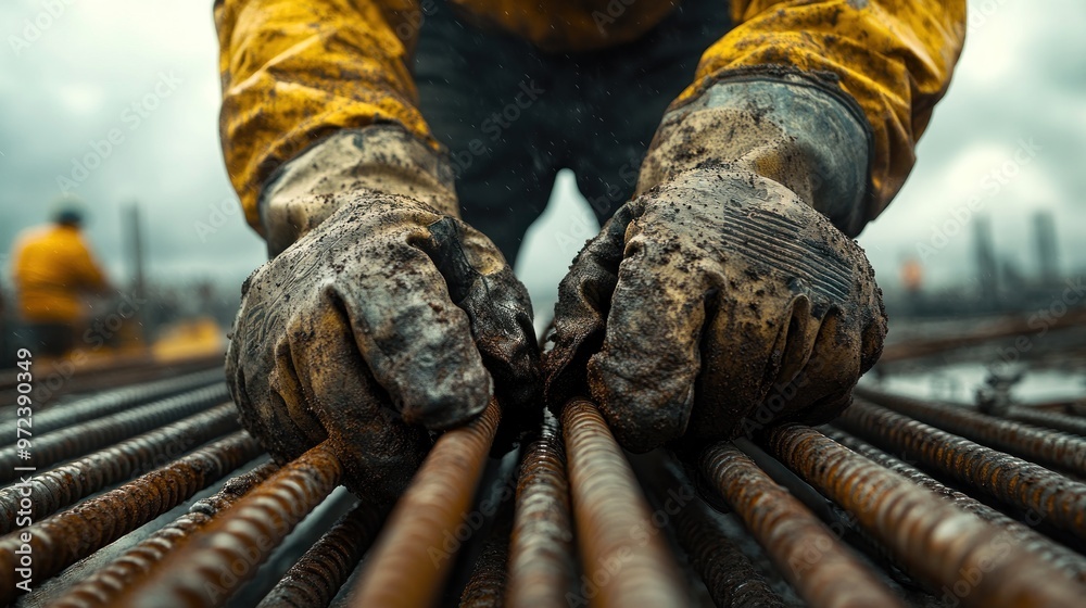Close-up of a construction worker's gloved hands handling rust-covered rebar under a cloudy sky, with worn and rugged gloves. Close-up of a construction worker's gloved hands handling rust-covered rebar under a cloudy sky, with worn and rugged gloves.