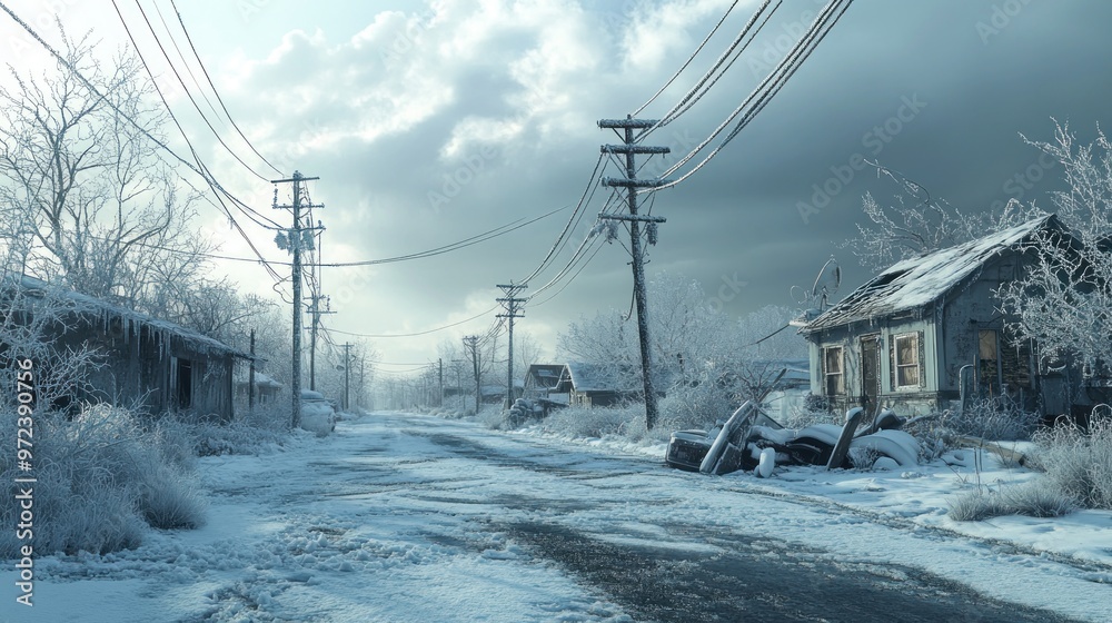An ice storm coating a small town with icy roads, power lines down, and frosted trees. An ice storm coating a small town with icy roads, power lines down, and frosted trees.