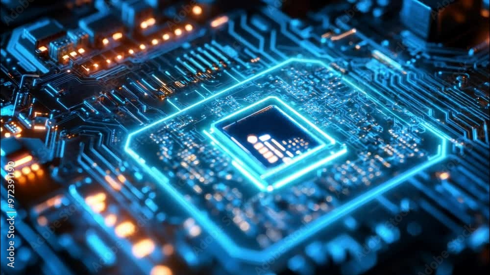 Close-up of a Circuit Board with a Blue Glowing Chip Close-up of a Circuit Board with a Blue Glowing Chip