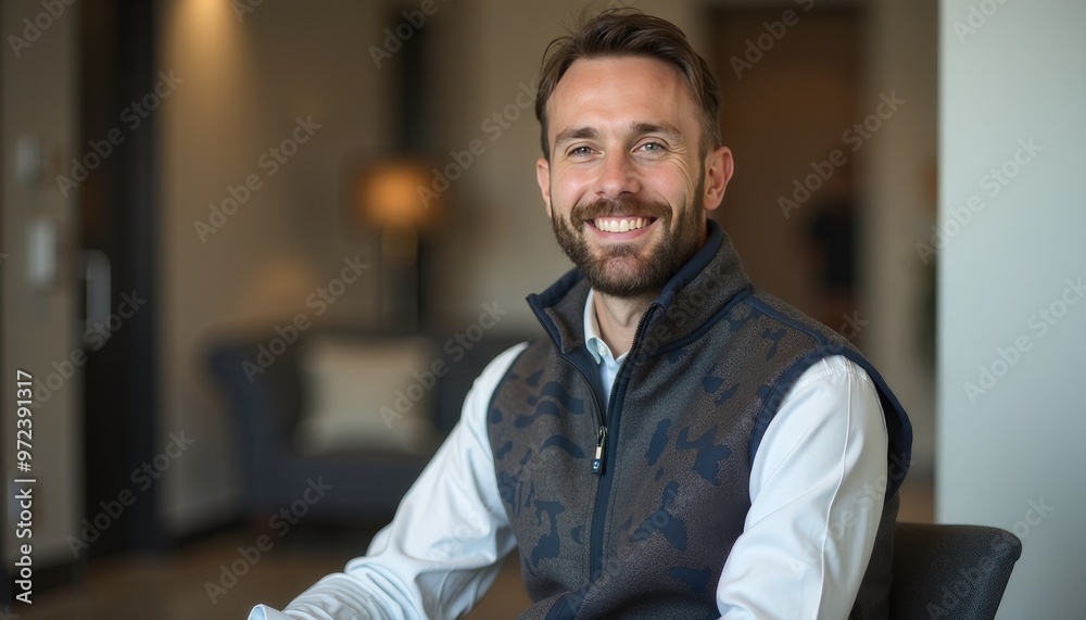 Smiling Man in a Casual Setting with Comfortable Atmosphere. Smiling Man in a Casual Setting with Comfortable Atmosphere.