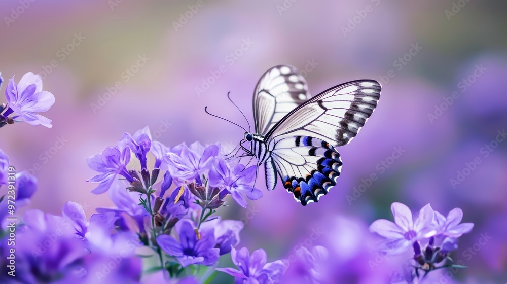 Black and White Butterfly on a Beautiful Purple Flower, Nature and Wildlife Photography Generative AI Black and White Butterfly on a Beautiful Purple Flower, Nature and Wildlife Photography Generative AI