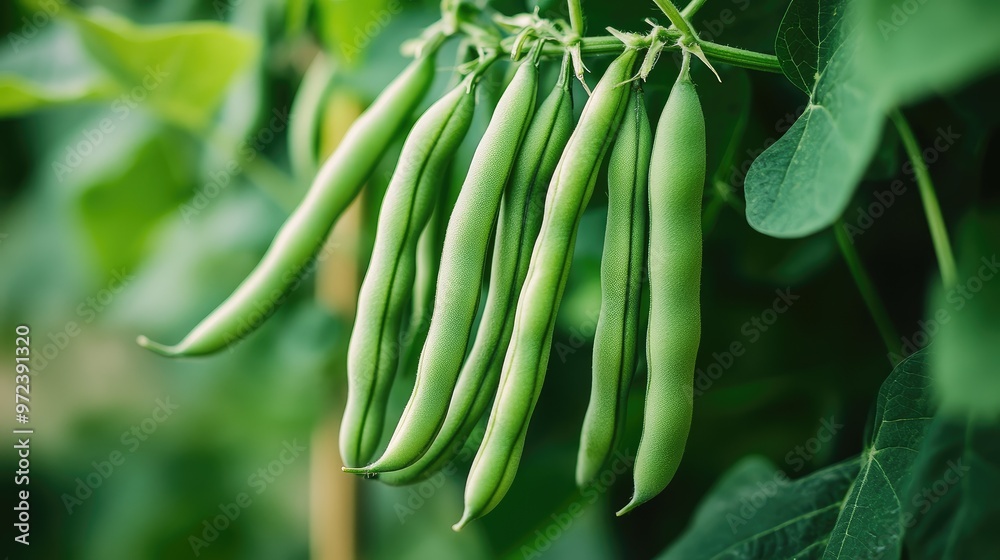 Close-up of a cluster of green beans hanging from their vine, vibrant and healthy, against a backdrop of lush leaves, no logos Close-up of a cluster of green beans hanging from their vine, vibrant and healthy, against a backdrop of lush leaves, no logos