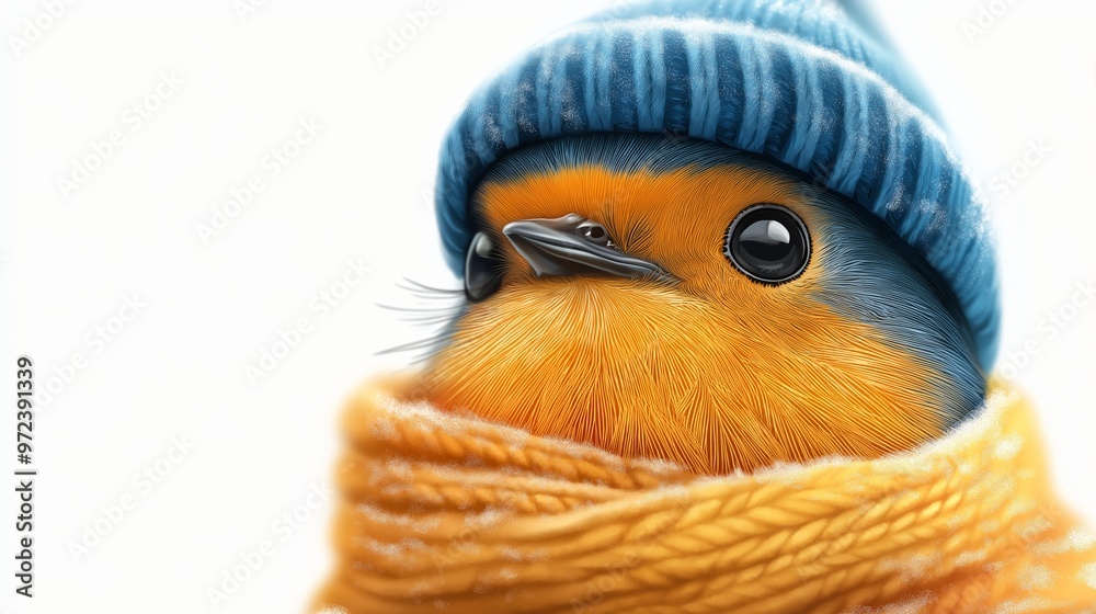 Obraz premium A bird wearing a blue hat and a yellow scarf. The bird is looking at the camera