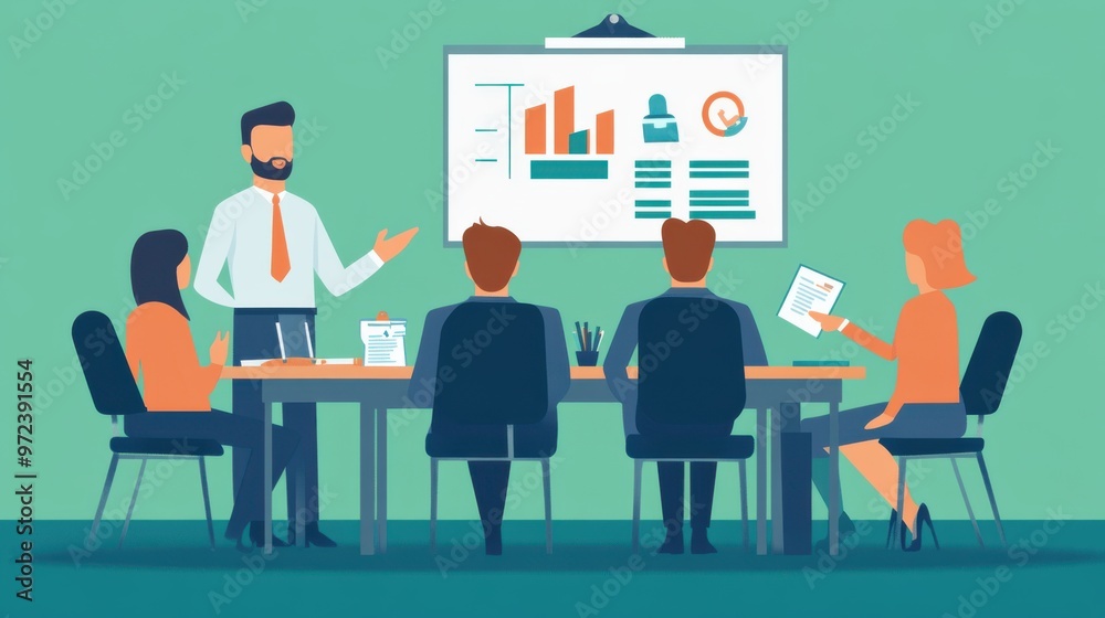Flat design concept of business training with a coach and colleagues engaged in a session Flat design concept of business training with a coach and colleagues engaged in a session
