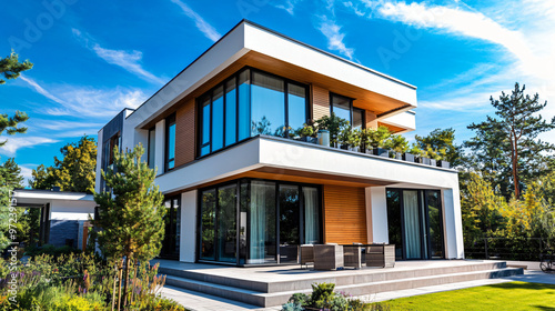 Showcasing a contemporary cubic style home exterior with a sunlit garden