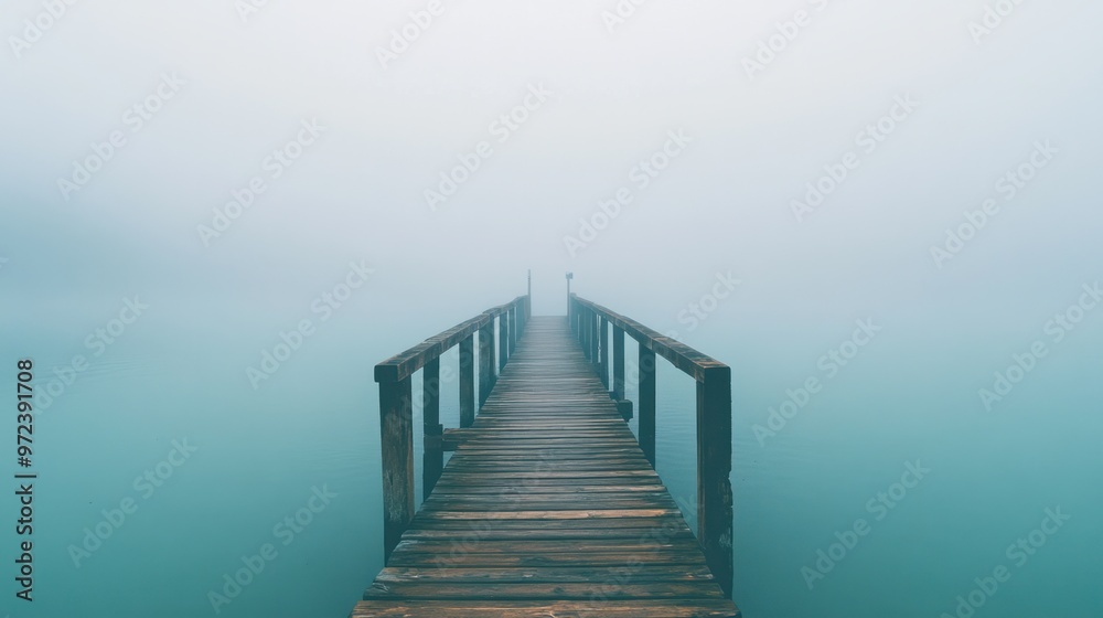 A foggy pier stretching into the distance, with muted colors and a serene, contemplative atmosphere A foggy pier stretching into the distance, with muted colors and a serene, contemplative atmosphere