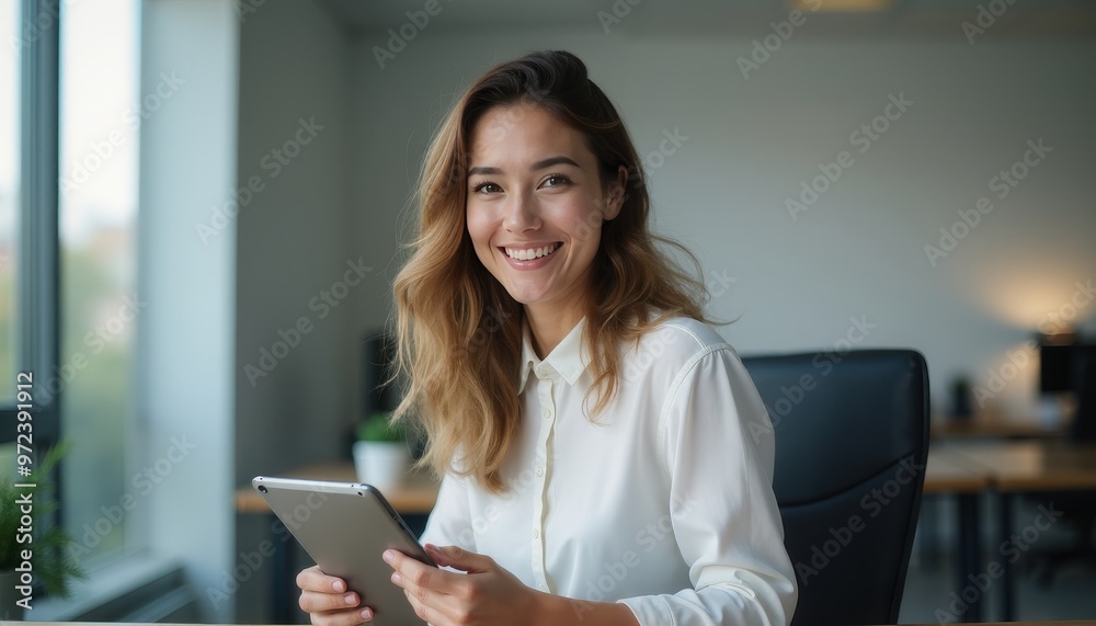 Fototapeta premium Smiling Woman Sitting at Desk Using Tablet in Modern Office Setting