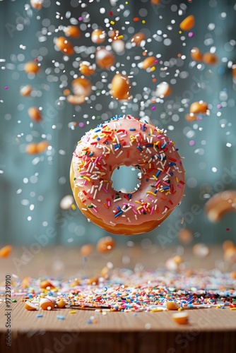 Floating Donut with Pink Icing and Sprinkles Against a Color Background
