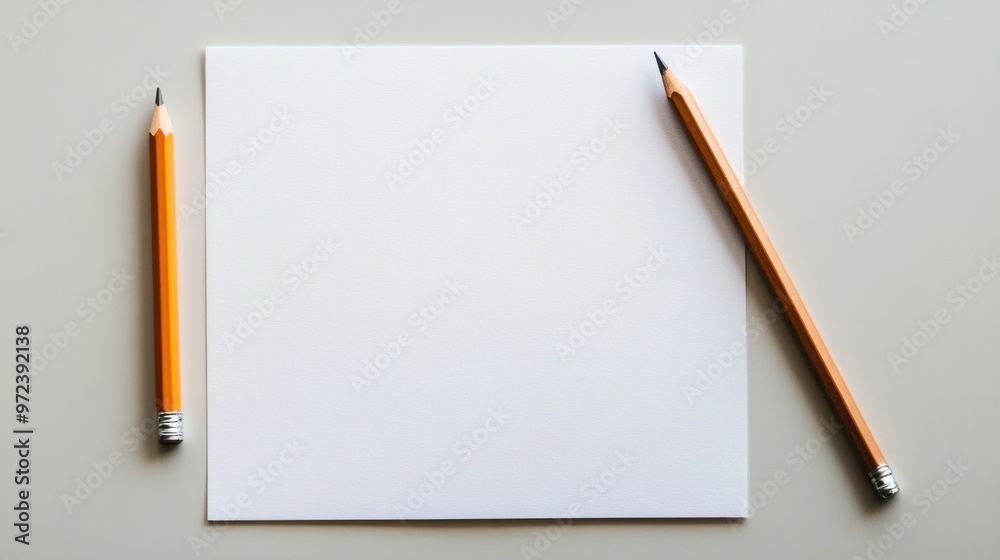 A minimalist flat lay of a pencil and blank white paper on a desk, perfect for writing quotes A minimalist flat lay of a pencil and blank white paper on a desk, perfect for writing quotes