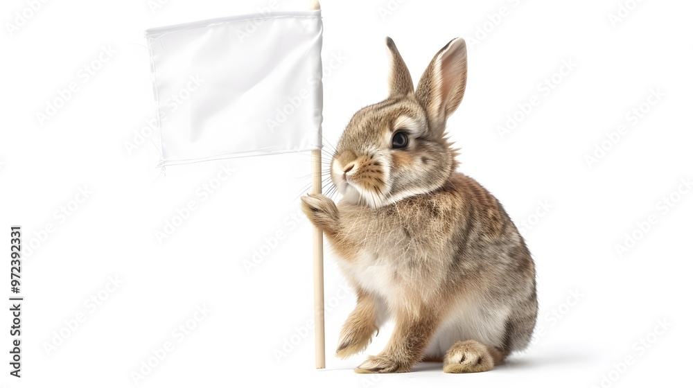Obraz premium Rabbit with White Flag: A cute rabbit sitting upright, holding a white flag between its paws. 