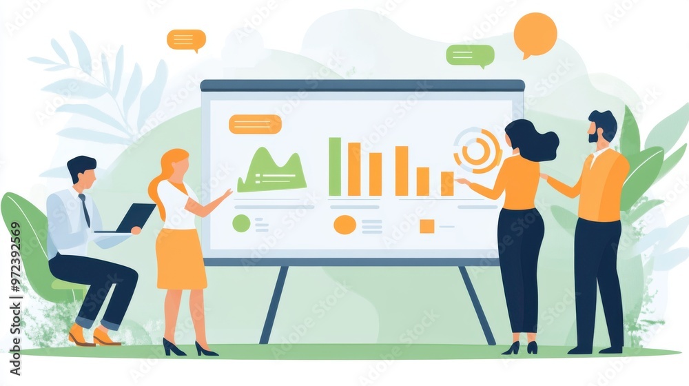 Fototapeta premium Flat design vector of a business training scenario with a coach and team members